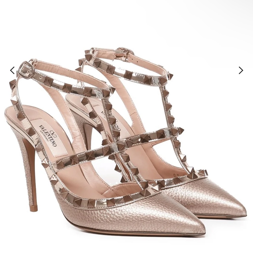 Valentino Rose Gold Rockstud Pointed Toe Caged Pumps